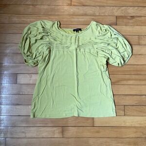 Jaeger Chartreuse Lime Green Pintuck Pleated Puff Sleeve Scoop Neck Top Blouse
